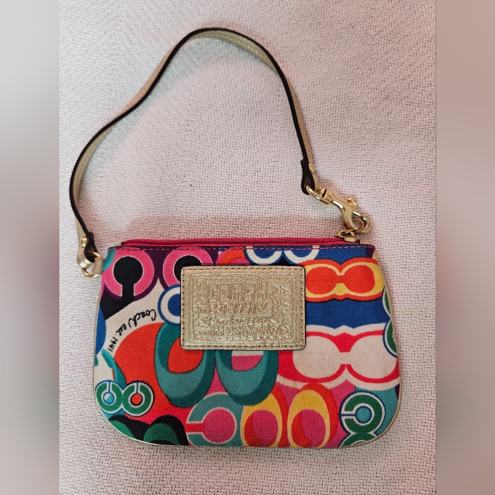 Coach monogrammed neon multicolor canvas wristlet